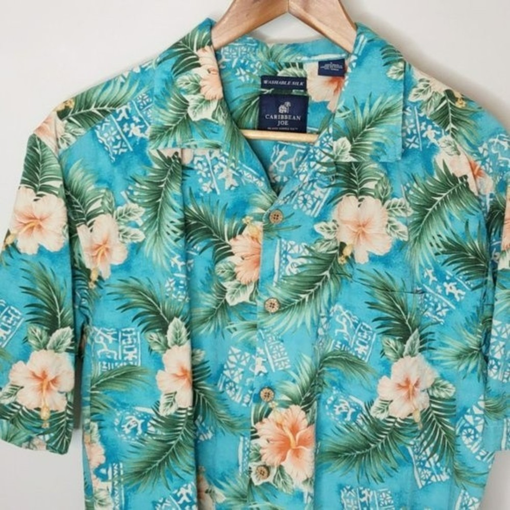 Caribbean Joe Blue Washable Silk Button-up Hawaiian Shirt